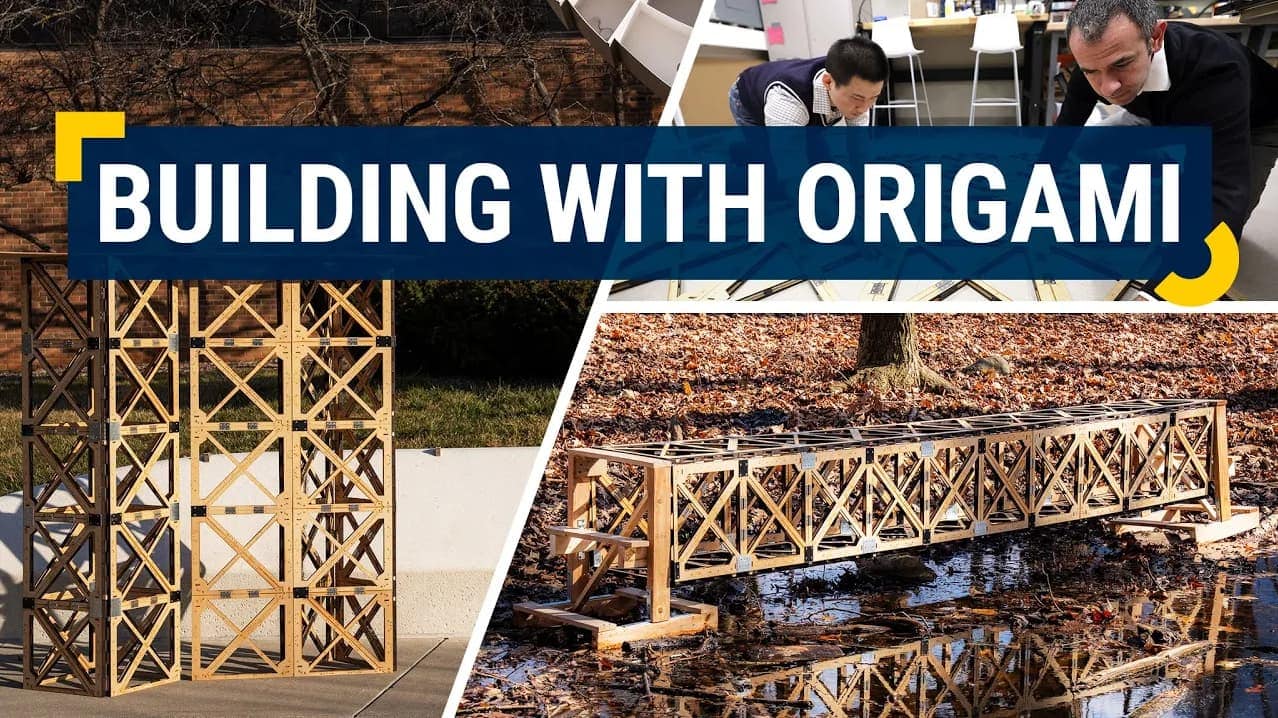 Several structures, such as a bridge and wall, are made with modular designs. Over the images, there's text that reads 'Building with origami'